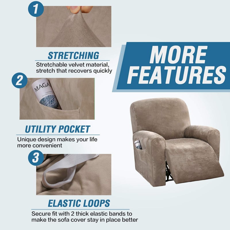 H.VERSAILTEX Velvet Stretch Recliner Couch Covers 4-Pieces Style Recliner Chair Covers Recliner Cover for Reclining Chair Slipcovers Feature Non Slip Form Fitted Thick Soft Washable, Taupe - Image 3